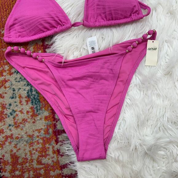 NEW Aerie Pink Padded Cheeky Triangle Matching Bikini Swimsuit Small / Medium - Picture 4 of 6